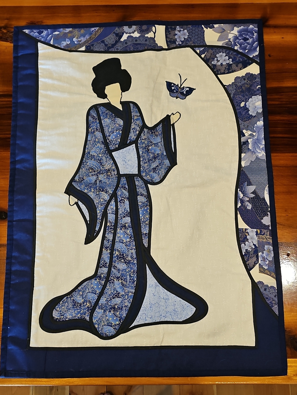 Blue Geisha Wall Art Quilt - Handmade Fiber Art